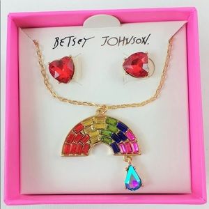 Betsey Johnson Red Hearts Earrings + Rainbow Pendant Necklace NWT $38